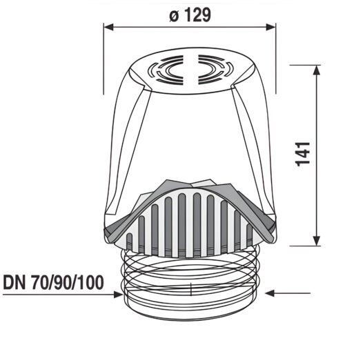 Technische Zeichnung SANIT ventilair duplex DN 70-100 mit Maßen Ø129 mm und Höhe 141 mm
