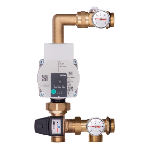 Messing Pumpengruppe DN25 mit Wilo Para 25-50, ESBE 3-Wege-Mischer 20-50°C und manuellem Entlüfter